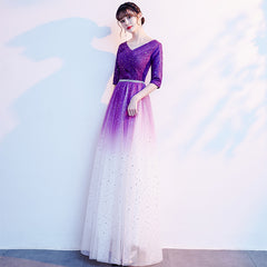 Gradient Purple and White V-neckline Short Sleeves Party Dresses, A-line Floor Length Bridesmaid Dress