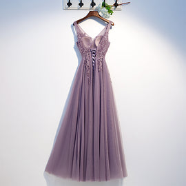 Purple V-Neck Simple A-line Floor-length Appliques Bling Ruched Party, Formal Dresses Long Prom Dress