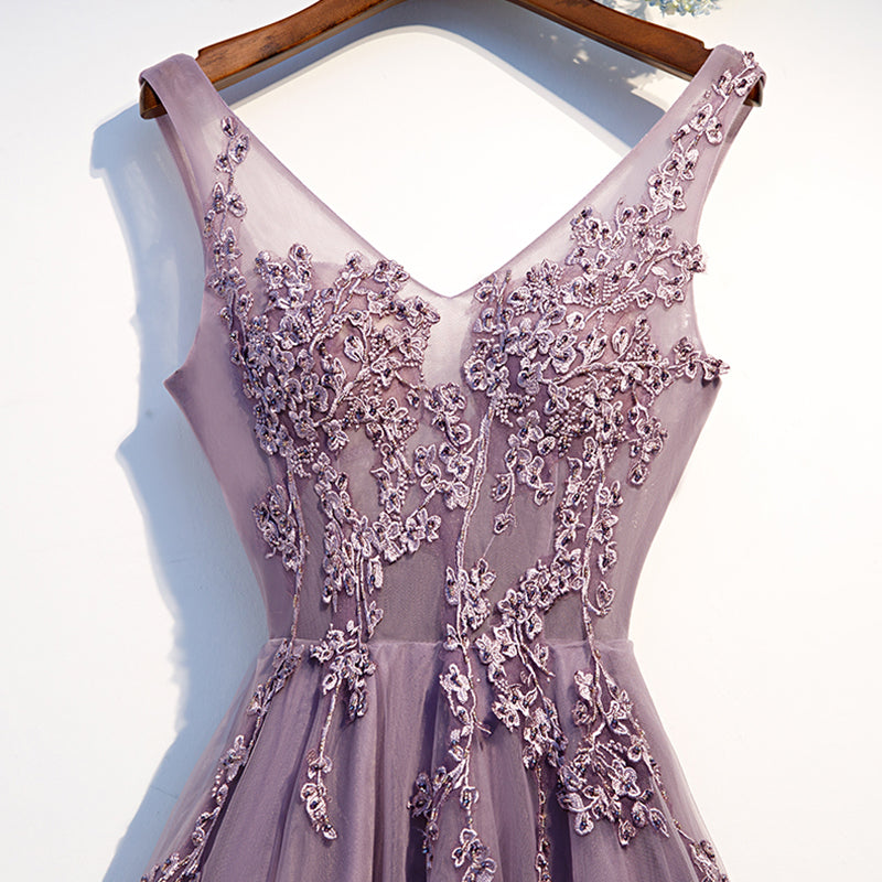 Purple V-Neck Simple A-line Floor-length Appliques Bling Ruched Party ...