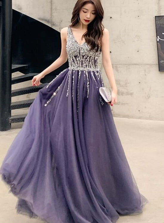 Purple V-neckline Beaded Tulle Long Formal Dresses, Purple Evening Gown Prom Dresses