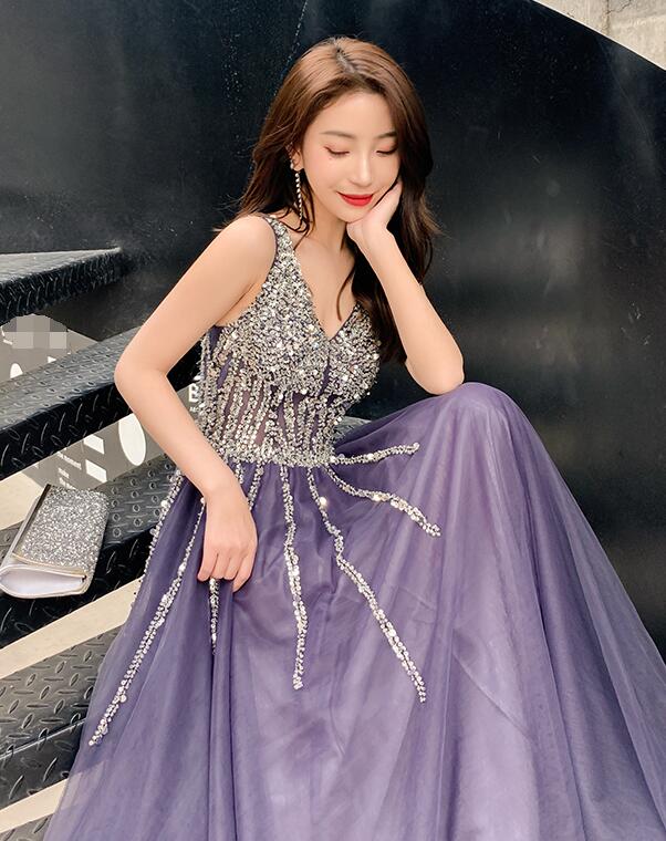 Gorgeous Purple V Neck Tulle Beaded A Line Long Evening Dress Birthday Party Gown SP1798