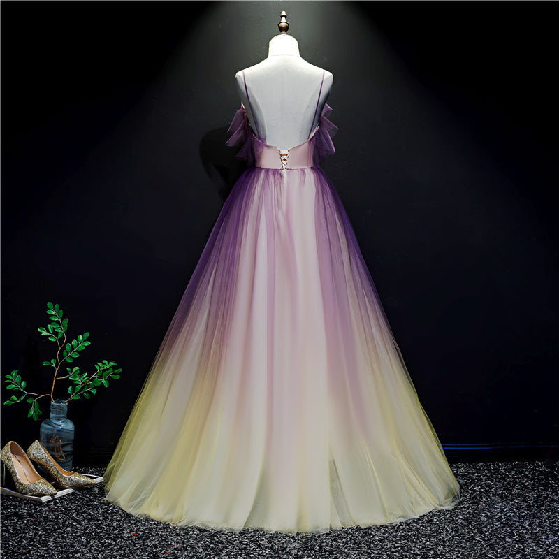 Purple and Yellow Gradient V-neckline Straps Tulle Evening Gown, Long Prom Dress Party Dress Purple and Yellow Gradient V-neckline Straps Tulle Evening Gown, Long Prom Dress Party Dress