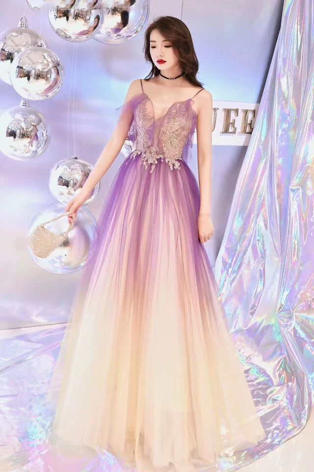 Purple and Yellow Gradient V-neckline Straps Tulle Evening Gown, Long Cutedressy Purple and Yellow Gradient V-neckline Straps Tulle Evening Gown, Long Cutedressy