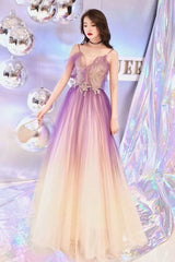 Purple and Yellow Gradient V-neckline Straps Tulle Evening Gown, Long Prom Dress Party Dress