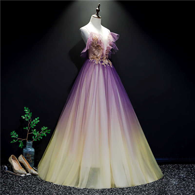 Purple and Yellow Gradient V-neckline Straps Tulle Evening Gown, Long – Cutedressy Purple and Yellow Gradient V-neckline Straps Tulle Evening Gown, Long – Cutedressy