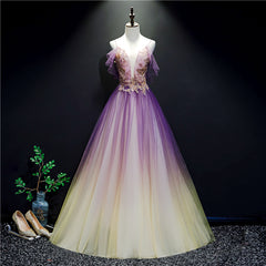 Purple and Yellow Gradient V-neckline Straps Tulle Evening Gown, Long Prom Dress Party Dress