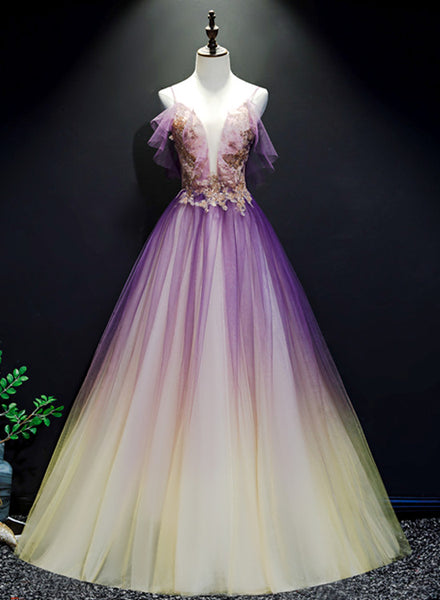 Purple and Yellow Gradient V-neckline Straps Tulle Evening Gown, Long Cutedressy Purple and Yellow Gradient V-neckline Straps Tulle Evening Gown, Long Cutedressy