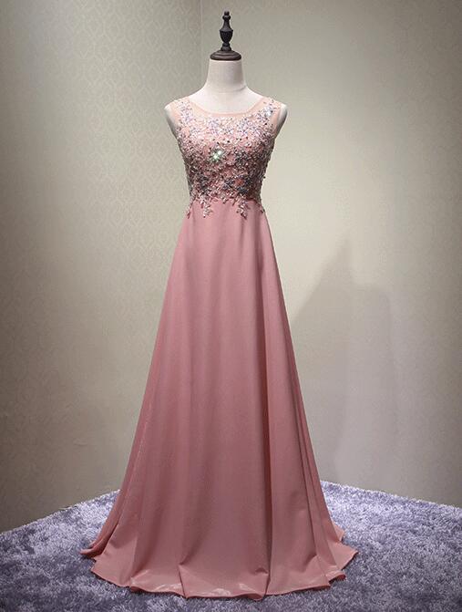 Pink Round Neckline Chiffon and Beaded Party Dresses , Long Formal Dresses