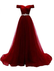 Pretty Dark Red Off Shoulder Long Party Dress with Beadings, Tulle Evening Dress