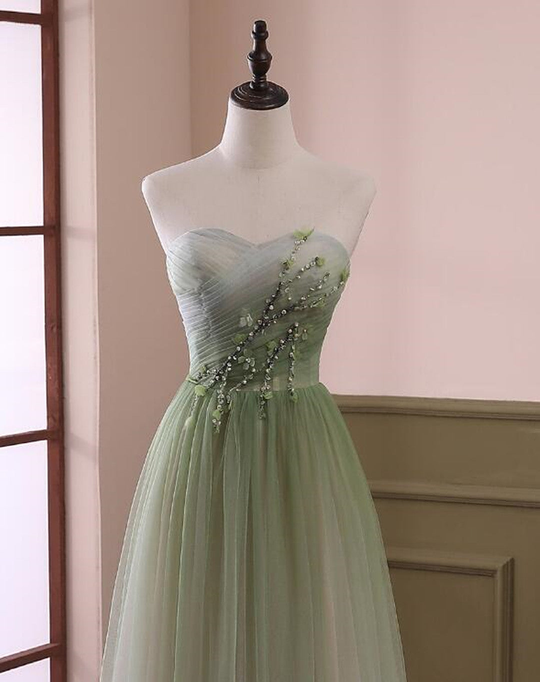 green junior prom dresses Elegant V-neckline Straps Tulle Long Junior Prom Dress, Green Prom Dre