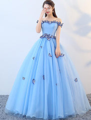 Beautiful Blue Off Shoulder Long Party Dress, Sweet 16 Dresses