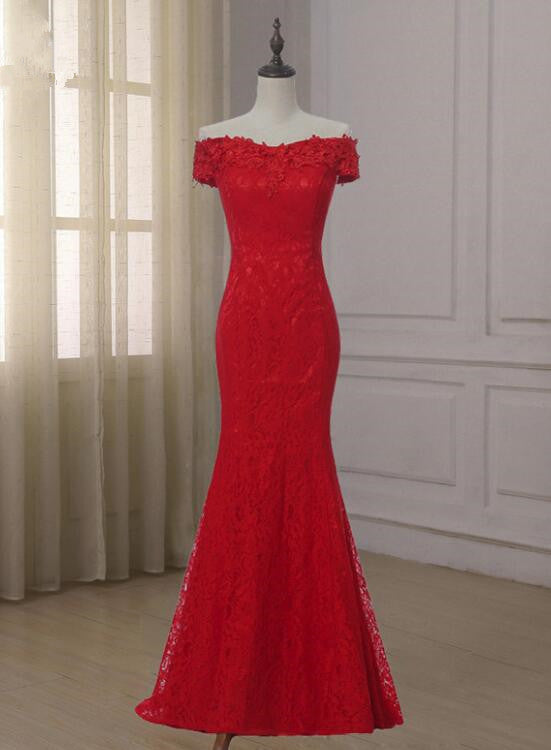 Red Lace Mermaid Off Shoulder Evening Gown, Red Lace Party Dress, Wedding Party Dress