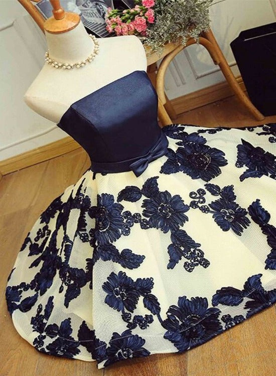 Lovely Flower Lace and Satin Short Party Dress with Bow, Cute Homecoming Dresses