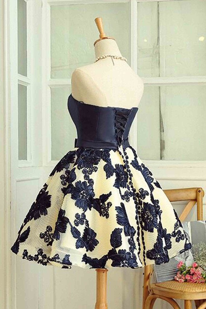 Lovely Flower Lace and Satin Short Party Dress with Bow, Cute Homecoming Dresses