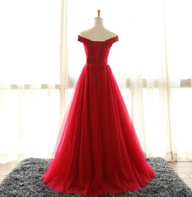 Red Prom Dresses , Charming Off Shoulder Tulle A-line Party Dresses, Evening Gown