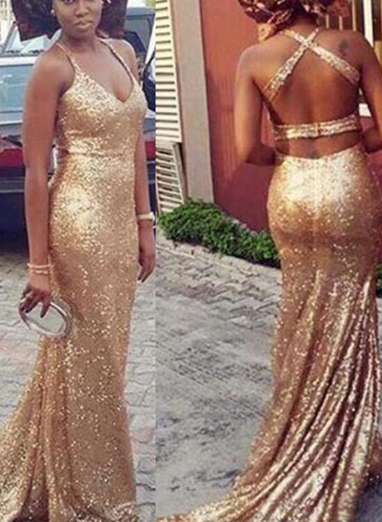Sequins Prom Dresses, Gold Cross Back Formal Dress, Prom Dress