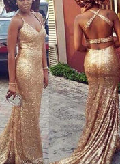 Sequins Prom Dresses, Gold Cross Back Formal Dress, Prom Dress