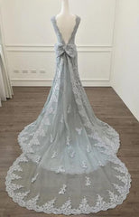 Grey Lace Mermaid Charming Party Gowns, Formal Gowns, Wedding Party Dresses