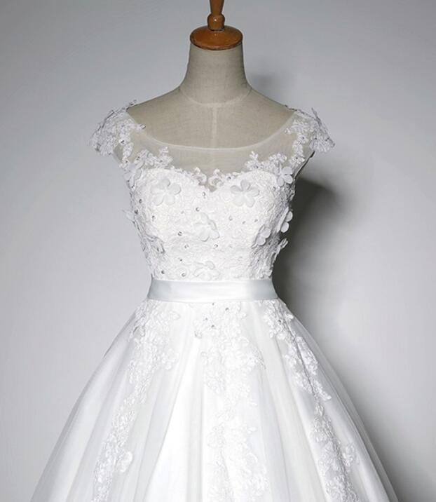 Simple Wedding Gowns, Tulle Round Neckline Lace Detail Party Dress, White Formal Gowns