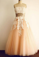 Pearl Pink Tulle Strapless Sleeveless Ankle-Length Tulle Prom Dress with Appliques, Charming Tulle Gowns