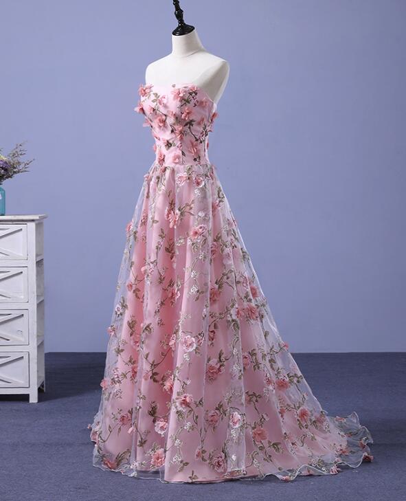 light pink prom dress flowers Light Pink 3D Flowers A Line Prom Dresses Strapless Sparkly Long Formal Dress ARD2882