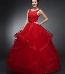 Beautiful Red Tulle Round Neckline Party Gowns, Red Formal Dress, Prom Gowns