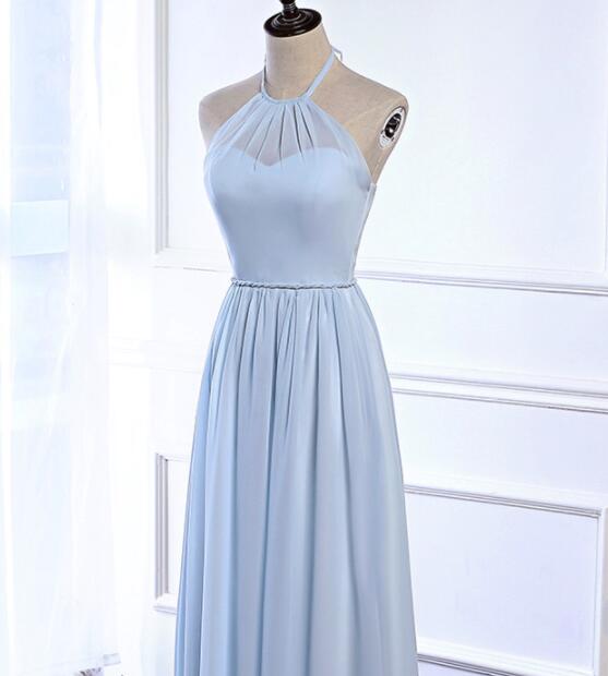 Beautiful Light Blue Simple Halter Chiffon Bridesmaid Dress, Bridesmaid Dress