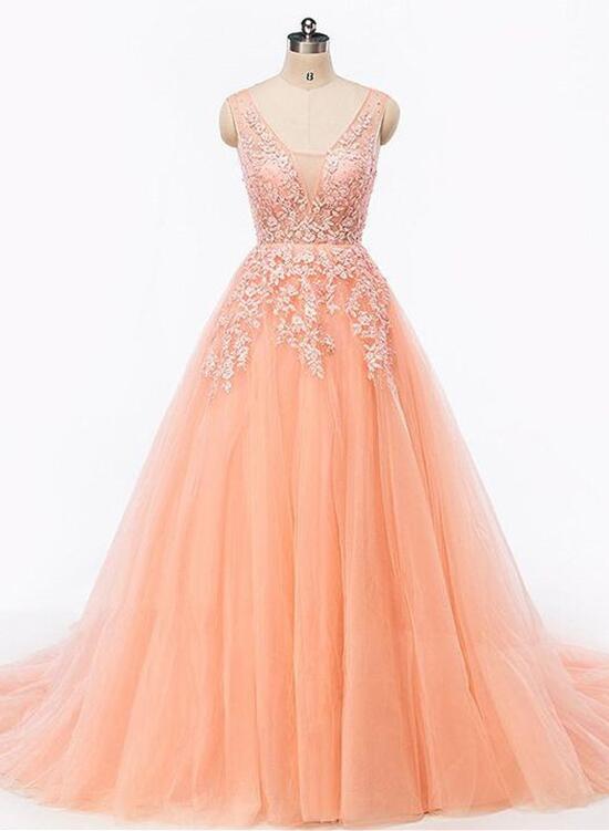 Pearl Pink Tulle V-neckline Formal Gowns, Elegant Party Dress , Lace-up Formal Dresses