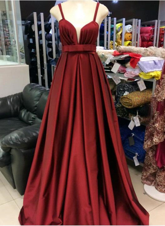 Wine Red Straps Satin Elegant Party Dress, Long Prom Dress , Formal Gowns