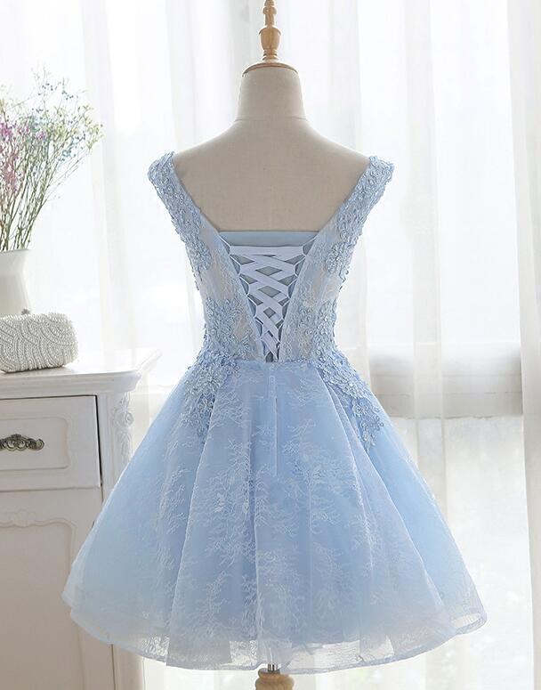 Light Blue Cute V-neckline Lace Short Party Dress, Lace Formal Dress, Lace Party Dresses