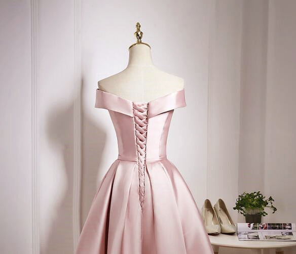 Light Pink Off Shoulder Knee Length Bridesmaid Dress, Pink Satin Homecoming Dress