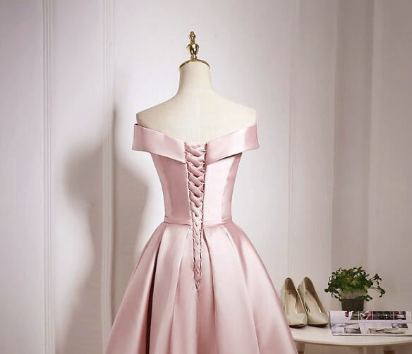 Light Pink Off Shoulder Knee Length Bridesmaid Dress, Pink Satin Homec Cutedressy Light Pink Off Shoulder Knee Length Bridesmaid Dress, Pink Satin Homec Cutedressy