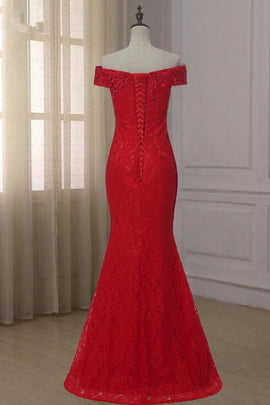 Red Lace Mermaid Off Shoulder Evening Gown, Red Lace Party Dress, Wedding Party Dress