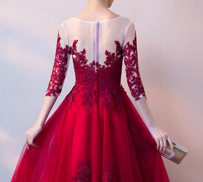 Beautiful Tulle 1/2 Sleeves with Applique Tea Length Formal Dress, Charming Party Gown