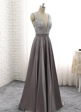 Grey Satin Long Beaded Junior Prom Dress, Beautiful Prom Gown