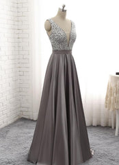 Grey Satin Long Beaded Junior Prom Dress, Beautiful Prom Gown