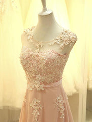 Light Pink Chiffon Lace Applique Long Formal Gown, Pink Party Dress