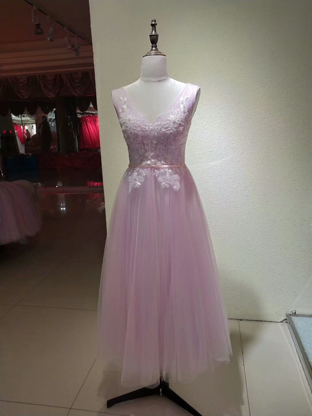 Charming Pink Tulle Vintage Party Dress,  Cute Pink Bridesmaid Dress, Tea Length Formal Dress