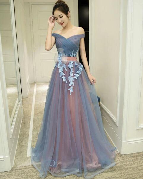 Charming Tulle Off Shoulder Sweetheart Junior Party Dress, Formal Dress with Applique