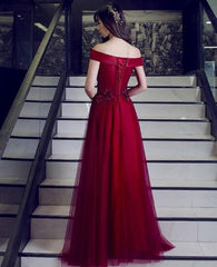 Beautiful Wine Red Off Shoulder Tulle and Satin Party Gowns, Dark Red Prom Dress