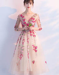 Charming Flowers Lace Champagne Tea Length Party Dress , Wedding Party Dress