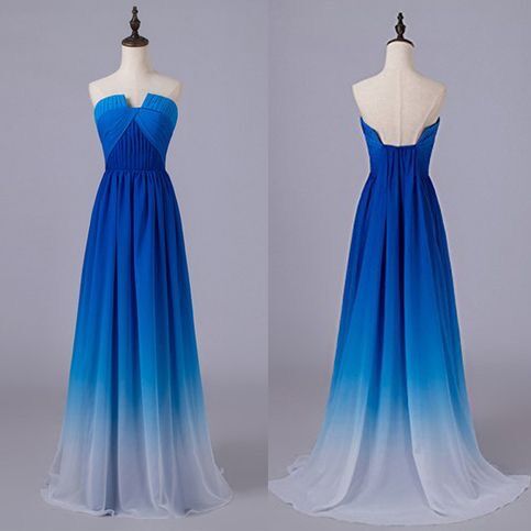 Beautiful Blue Gradient Long Chiffon Party Dress, A-line Junior Prom Dress