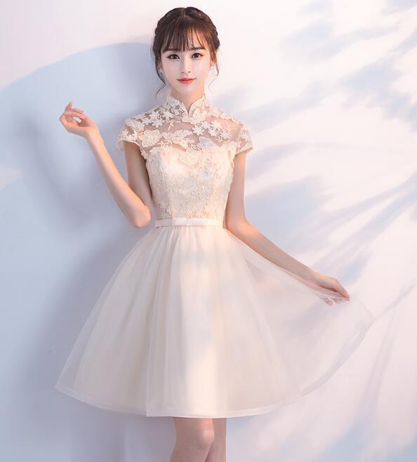 Cute Lace and Tulle Lovely Champagne Short Party Dress, Homecoming Dre – Cutedressy