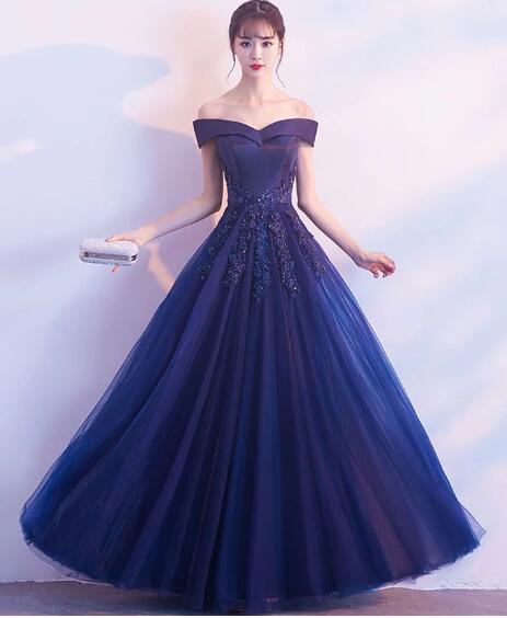 Elegant Navy Blue Off Shoulder A-line Prom Dress, New Party Dress