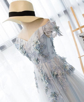 Beautiful Light Grey Flowers Tea Length Party Dress, Short Prom Dress