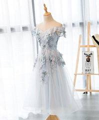 Beautiful Light Grey Flowers Tea Length Party Dress, Short Prom Dress