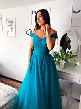 Blue Off Shoulder Tulle Handmade Prom Dress, A-line Party Dress