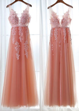 Pink V-neckline Tulle with Lace Applique New Formal Gown, Pink Party Gown