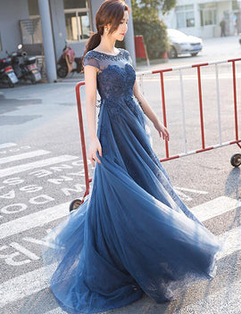 Blue Lace Cap Sleeves Long Evening Dress, A-line Backless Prom Dress
