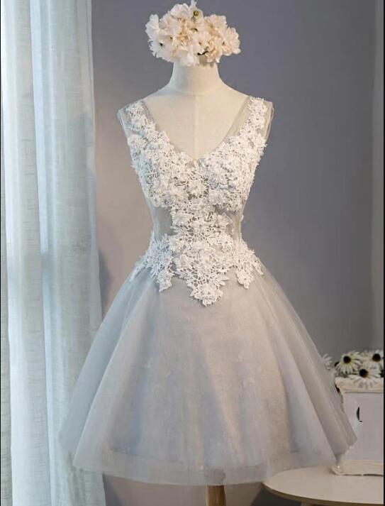 Light Grey Knee Length Tulle and Lace Party Dress, Grey Homecoming Dre Cutedressy Light Grey Knee Length Tulle and Lace Party Dress, Grey Homecoming Dre Cutedressy